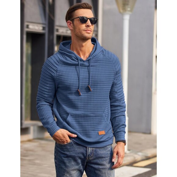 Men's Grey Blue Hoodie Pullover Casual Long Sleeve Drawstring Waffle Sweatshirt - Picture 3 of 5